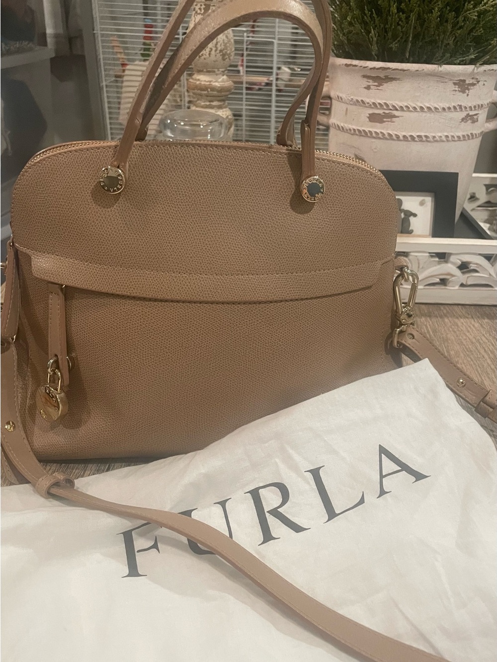 Furla Camel Tan Dome Satchel with Detachable Strap